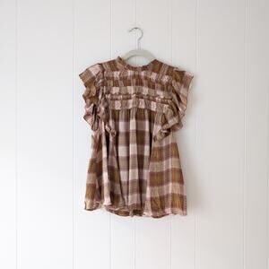 NWTO Free People Brown Ruffled Smocked Blouse